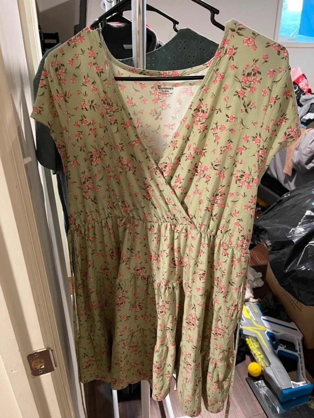 No Boundaries Olive Green Mini Dress with Pink Floral Print